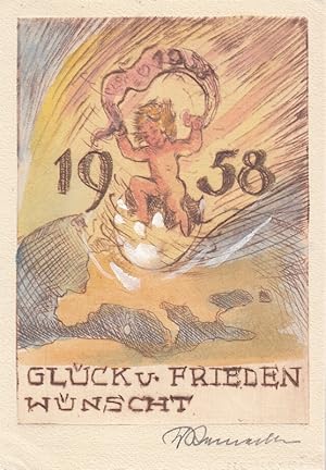 Imagen del vendedor de 1958. Glck u. Frieden wnscht [eigenhndig] W. Steinecke. Kleinkind auf Kugel. a la venta por Antiquariat  Braun