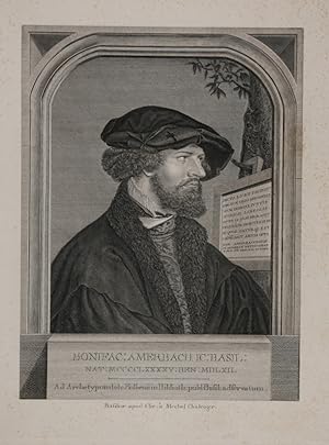 Bild des Verkufers fr Portrait "Bonifac. Amerbach IC Basil". Kupferstich von Bartholomus Hbner nach dem Gemlde von Hans Holbein. zum Verkauf von Antiquariat  Braun