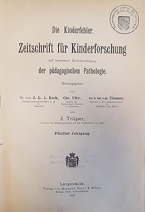 Bild des Verkufers fr Die Kinderfehler/ Zeitschrift fr Kinderforschung mit besonderer Bercksichtigung der pdagogischen Pathologie (KONVOLUT aus 20 Bnden) - hier vorhanden: Bd.5-7; 24-31; 33-41 + Inhaltsverzeichnis der ersten 10 Jahrgnge. zum Verkauf von books4less (Versandantiquariat Petra Gros GmbH & Co. KG)