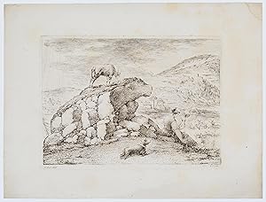 Bild des Verkufers fr Sitzende Hirtin beim Spinnen in einer Landschaft mit einem Felsen sitzend, auf dem eine sende Ziege steht. An einen Felsen gelehnter Hirte mit Flte, Htehund und mehreren Schafen. zum Verkauf von Galerie Joseph Fach GmbH