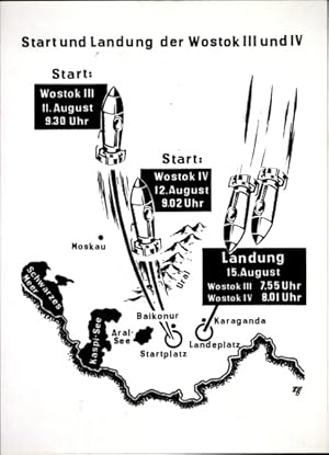 Foto Sowjetische Raumfahrt, Start und Landung Wostok III und IV, Baikonur, Karaganda - Stempel Er...