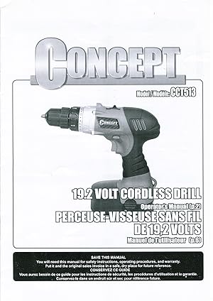 Concept 19.2 Volt Cordless Drill Operator's Manual (INSTRUCTION BOOKLET ONLY!)