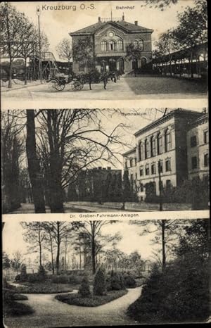 Ansichtskarte / Postkarte Kluczbork Kreuzburg Oberschlesien, Bahnhof, Gymnasium, Dr. Graber Fuhrm...