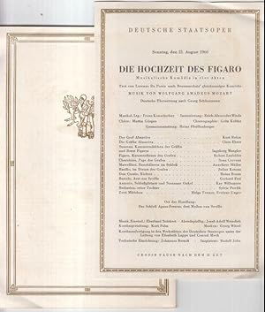 Bild des Verkufers fr Programmheft zu: Die Hochzeit des Figaro. Mit Besetzungsliste vom Sonntag, den 21. August 1960. - Musikalische Komdie in vier Akten. - Text von Lorenzo Da Ponte nach Beaumarchais. - Musik: Wolfgang Amadeus Mozart. - Inszenierung: Erich-Alexander Winda. - Musikalische Leitung: Franz Konwitschny. - Mit: Kurt Rehm, Clara Ebera, Ingeborg Wenglor, Robert Lauhfer u. a. - zum Verkauf von Antiquariat Carl Wegner