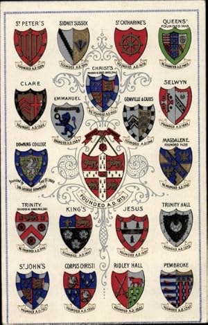 Studentika Wappen Ansichtskarte / Postkarte Crests, St Peter's, Sidney Sussex, St Catharine's, Qu...