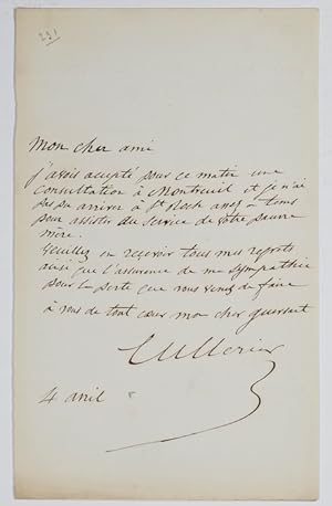 Seller image for ALS - Eigenhndiger Brief mit Unterschrift "Cullerier". for sale by Antiq. F.-D. Shn - Medicusbooks.Com