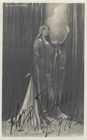 Full-length postcard photograph of the Italian mezzo-soprano in role portrait with autograph sign...