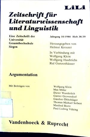 Bild des Verkufers fr Argumentation. Zeitschrift fr Literaturwissenschaft und Linguistik; Eine Zeitschrift der Universitt Gesamthochschule Siege; H. 38/39; Jahrgang 10/1980 zum Verkauf von books4less (Versandantiquariat Petra Gros GmbH & Co. KG)