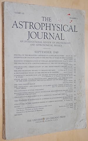 Bild des Verkufers fr The Astrophysical Journal : An International Review of Spectroscopy and Astronomical Physics, September 1949, vol. 110, no. 2 zum Verkauf von Springhead Books