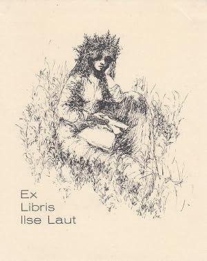 Bild des Verkufers fr Ex Libris Ilse Laut. Auf Wiese sitzend lesendes Mdchen. zum Verkauf von Antiquariat  Braun