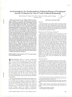 Seller image for Aortosternopexy for Tracheomalacia Following Repair of Esophageal Atresia: Evaluation by Cine-Ct and Technical Refinement. Offprint from Journal of Pediatric Surgery Volume 25 No. 7 (July) , 1990 for sale by Literary Cat Books