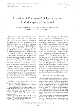 Bild des Verkufers fr Location of Dupuytren's Disease on the Radial Aspect of the Hand. Reprinted from Clinical Orthopaedics. August, 1982. Volume 168 zum Verkauf von Literary Cat Books