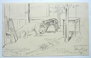An original pencil sketch from a note-book. 1938. Signed. Dogs feeding in a garden.