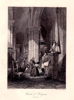 Image du vendeur pour Church of Polignac, Auvergne. Innenansicht der Kirche. Stahlstich von T. Higham nach J.D.Harding. mis en vente par Antiquariat Heinz Tessin