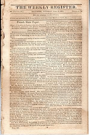 Image du vendeur pour The Weekly Register:Volume IV, No 16: Saturday June 19, 1813: Whole Number 94 mis en vente par Dorley House Books, Inc.