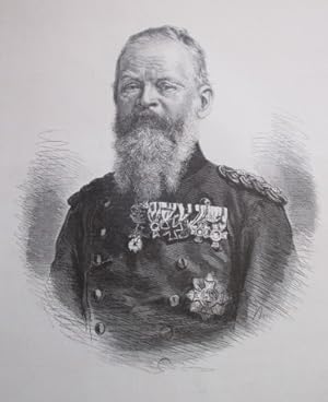 Imagen del vendedor de Portrt. Halbfigur in Uniform. Holzstich nach einer photographischen Vorlage von J. Albert, rckseitig mit Text, 28 x 24 cm, 1886. a la venta por Antiquariat Michael Eschmann