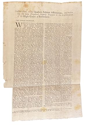 Imagen del vendedor de Considerations on the Quakers Solemn Affirmation; and Make-ing the same Perpetual; Humbly Proposed to the Consideration of the High Court of Parliament a la venta por Donald A. Heald Rare Books (ABAA)