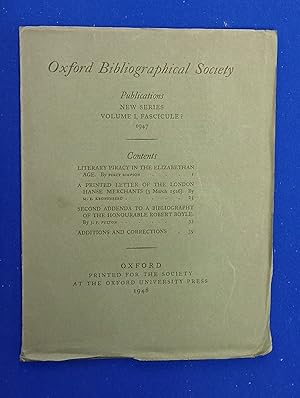 Bild des Verkufers fr Oxford Bibliographical Society Publications New Series Volume I, Fascicule I, 1947. zum Verkauf von Wykeham Books