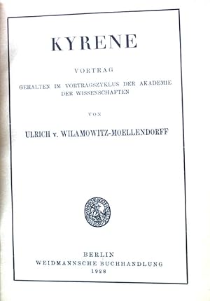 Imagen del vendedor de Kyrene : Vortr., geh. im Vortragszyklus d. Akademie d. Wissenschaften. a la venta por books4less (Versandantiquariat Petra Gros GmbH & Co. KG)