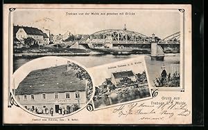 Ansichtskarte Trebsen /Mulde, Ortsansicht mit Muldebrücke, Gasthof zum Schwan E. Brühl