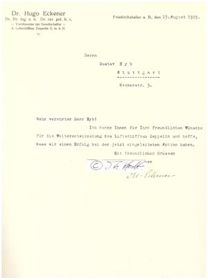 Imagen del vendedor de HUGO ECKENER (1868-1954) Dr., dt. Luftschiffer seit 1905, 1924 Vorsitz Zeppelin GmbH, auch Schriftsteller a la venta por Herbst-Auktionen