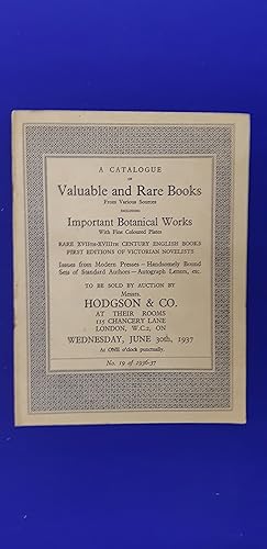 Immagine del venditore per A Catalogue of Valuable and Rare Books From Various Sources comprising A Fine XVth Century MS, on St Jerome, on vellum - a Printed Horae, Paris, 1503, and a large Psalter, Florence, 1507, both on vellum - Coloured Atlases by Mercator, Hoodius, etc. - the Rare First Edition of Bacon's Apophthegmes, 1625 - The Fermiers Gnraux Edition of La Fontaine's Contes, 2 vols, 1762 - Sterne's Sentimental Journey, First Edition, contemporary calf, 1768 - Tracts on the Civil War, and Pamphlets on the American Revolution. [ Hodgson & Co., auction catalogue, sale date: 30 June 1937 ]. venduto da Wykeham Books