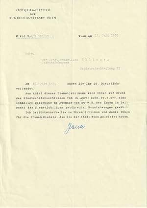 Bild des Verkufers fr 2 Ms. Amtsbriefe mit eigenhnd. Unterschrift und Wappenstempel der Stadt Wien. zum Verkauf von Antiquariat Burgverlag