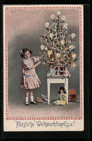 Bild des Verkufers fr Ansichtskarte Mdchen am Weihnachtsbaum mit Puppen zum Verkauf von Bartko-Reher