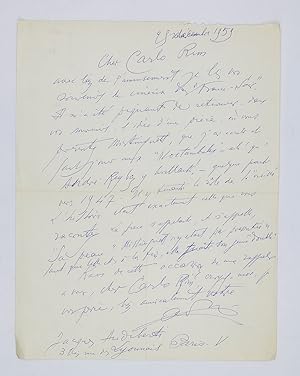 Lettre autographe signée adressée à Carlo Rim concernant ses écrits sur le cinéma ravivant la mém...