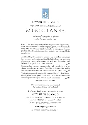 Seller image for Miscellanea (A selection of pages, prints & ephemera produced at Gregynog since 1978) [Prospectus] for sale by The Bookshop at Beech Cottage