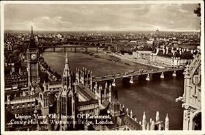 Bild des Verkufers fr Ansichtskarte / Postkarte London City England, Unique View of Houses of Parliament, County Hall and Westminster Bridge zum Verkauf von akpool GmbH
