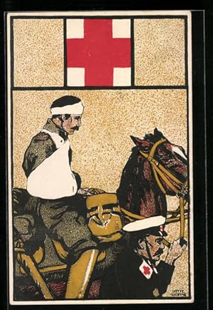 Seller image for Knstler-Ansichtskarte Feldsanitter vom Roten Kreuz fhrt Verwundeten weg von der Schlacht for sale by Bartko-Reher