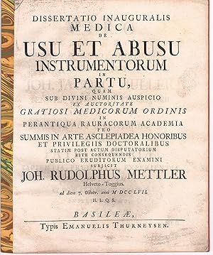 Bild des Verkufers fr Medizinische Inaugural-Dissertation. De usu et abusu instrumentorum in partu. zum Verkauf von Wissenschaftliches Antiquariat Kln Dr. Sebastian Peters UG