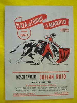 Programa de Mano - playbill Bulls : PLAZA DE TOROS DE MADRID. 6 julio 1961