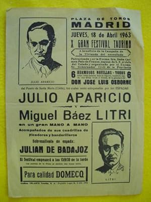 Programa de Mano - playbill Bulls : PLAZA DE TOROS DE MADRID. 18 Abril 1963. Julio Aparicio y Mig...