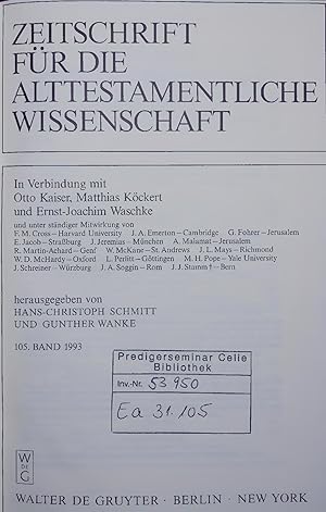 Immagine del venditore per ZEITSCHRIFT FR DIE ALTTESTAMENTLICHE WISSENSCHAFT. 105. BAND 1993 venduto da Antiquariat Bookfarm