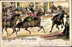 Künstler Litho Michaelis, Gruß vom Schützenfest, Frauen auf Pferden in der Manege - Bruno Bürger 995