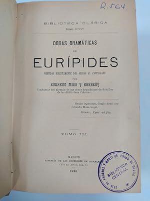 Imagen del vendedor de OBRAS DRAMTICA DE EURPIDES. TOMO III. 1910. BIBLIOTECA CLSICA CCXXV. a la venta por TraperaDeKlaus