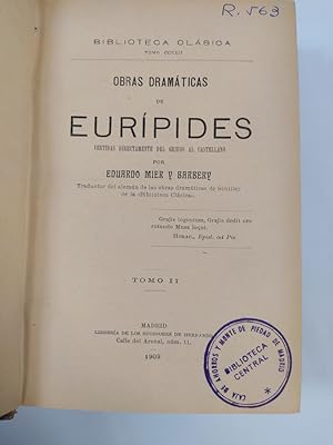 Imagen del vendedor de OBRAS DRAMTICA DE EURPIDES. TOMO II. 1909. BIBLIOTECA CLSICA CCXXII. a la venta por TraperaDeKlaus