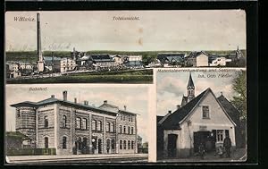 Ansichtskarte Wallwitz, Materialwarenhandlung und Sattlerei von Otto Fiedler, Bahnhof, Totalansicht