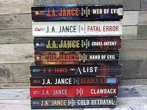 Seller image for 8 J.A. Jance Thriller Books (Fatal Error, Web of Evil, Cruel Intent, Hand of Evil, A List, Dead Stakes, Clawback, Cold Betrayal) for sale by Archives Books inc.
