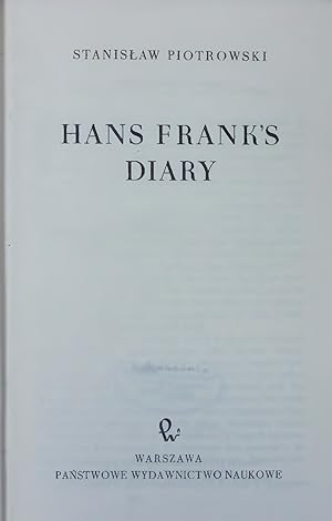 Bild des Verkufers fr HANS FRANK'S DIARY. zum Verkauf von Antiquariat Bookfarm