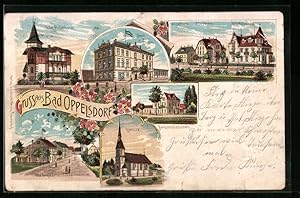 Lithographie Bad Oppelsdorf, Villa Adlerhorst, Hotel zum Curhaus und Kapelle