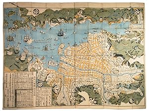 Immagine del venditore per Hishu Nagasaki (no) zu (plan of Nagasaki, Hizen province).(Nagasaki, Bunkindo, 1821). 615 x 870 mm. Large folding woodcut map of the port and city of Nagasaki, printed in three colours (ochre, blue and green) on four sheets. In Japanese ochre paper etui decorated with blue and white flowers and title label with Japanese characters pasted on, preserved in later dark blue cloth slipcase in Japanese style closing with two ivory clasps. venduto da ASHER Rare Books