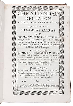 Bild des Verkufers fr Christiandad del Japon, y dilatada persecucion que padecio. Memorias sacras, de los martyres de las ilustres religiones de Santo Domingo, San Francisco, Compaia de Jesus; .Madrid, Francisco Sanz, 1698. Folio (31 x 22 cm). With the title in a frame of vine-leaf ornaments and 2 woodcut armorial headpieces plus 1 repeat. Contemporary limp sheepskin parchment, later lettered spine-title. zum Verkauf von Antiquariaat FORUM BV