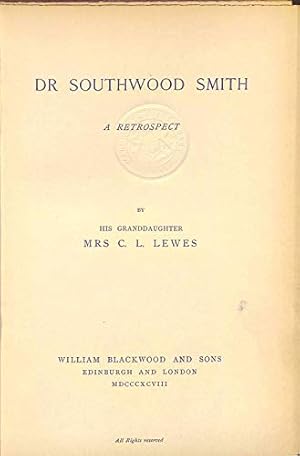 Imagen del vendedor de Dr Southwood Smith: A Retrospect a la venta por WeBuyBooks