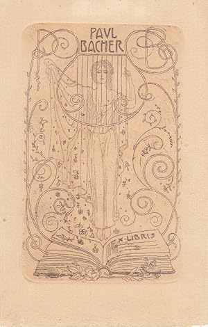 Ex Libris Paul Bacher [Kunsthändler in Wien]. Über aufgeschlagenem Buch schwebende Muse und Lyra,...