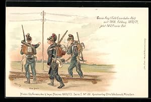 Image du vendeur pour Lithographie Soldaten in Uniform und mit Gepck an Eisenbahnschienen, Genie- Regiment, 1. u. 2. Pionier Bat. mis en vente par Bartko-Reher