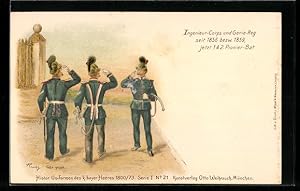 Image du vendeur pour Lithographie Salutierende Soldaten in Uniform, Ingenieur-Corps und Genie-Regiment, 1. u. 2. Pionier-Bat. mis en vente par Bartko-Reher