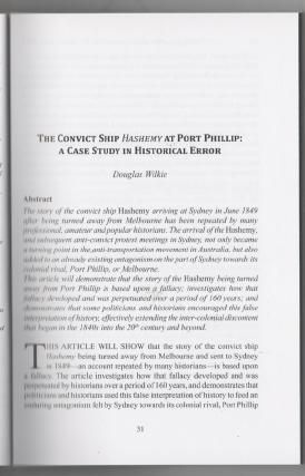 Image du vendeur pour The Convict Ship Hashemy At Port Phillip: A Case Study In Historical Error. Contained in The Victorian Historical Journal. Issue 281 Vol. 85 No. 1. mis en vente par Time Booksellers